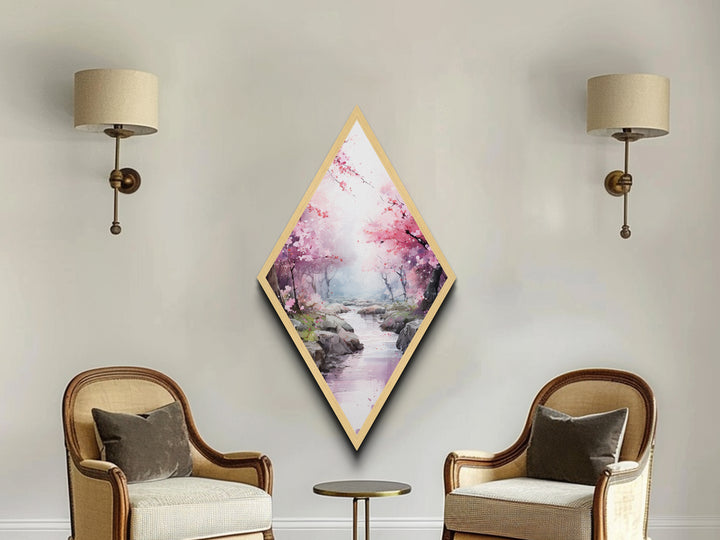 Cherry Blossoms In Spring, Diamond Shaped Canvas Embossed Wall Art, Canvas Texture Art, Japanese Inspired Wall Art, Statement Piece