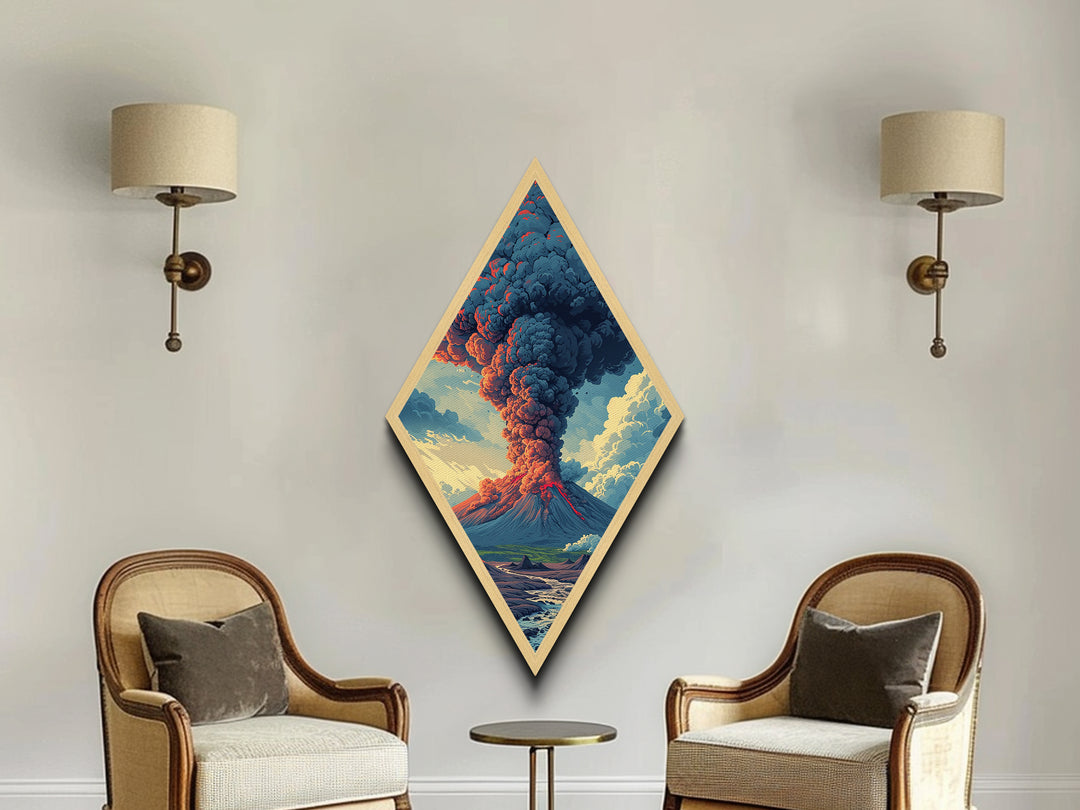 Volcanic Eruption Painting Print, Wood Framed Diamond Shaped Wall Art, Canvas Textured Print, Funky Art, Fantasy Wall Art