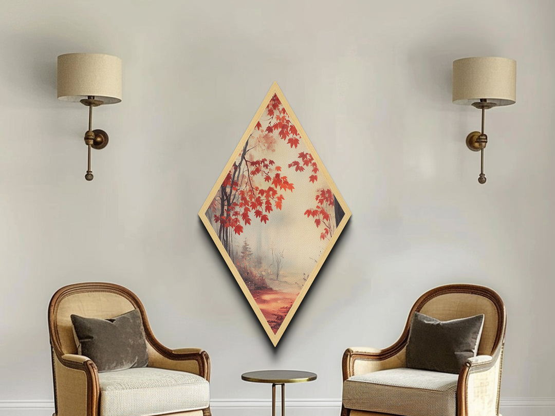 Diamond Shaped Scarlet Leaf Mist Scene, tranquil fall forest Canvas Art Print, red maple foliage decor, ethereal seasonal wall artwork