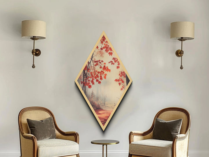 Diamond Shaped Scarlet Leaf Mist Scene, tranquil fall forest Canvas Art Print, red maple foliage decor, ethereal seasonal wall artwork