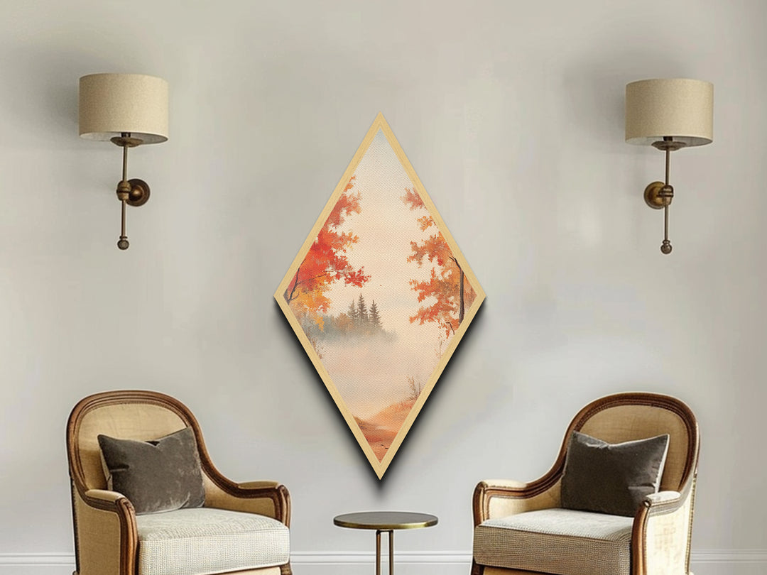 Golden Autumn Path – Diamond Shaped Canvas Art Print, misty fall landscape wall decor, seasonal forest artwork, rustic nature home accent