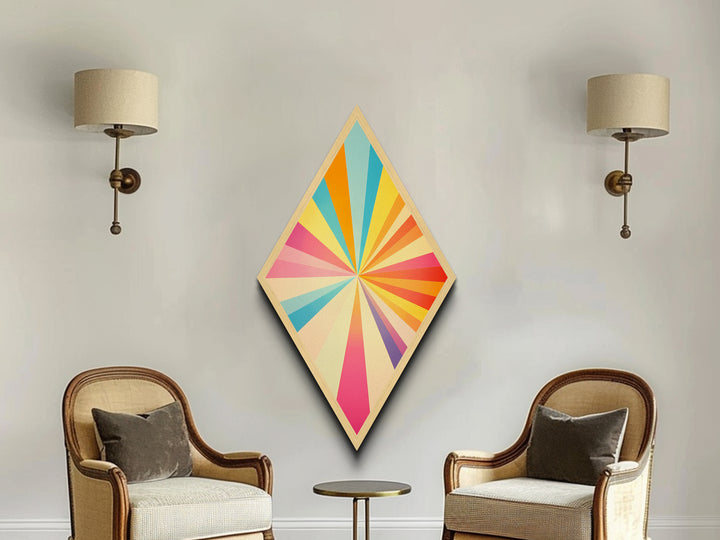 Prism Spectrum Starburst – Diamond Shaped Canvas Textured Print, retro geometric pattern artwork, modern bright pop wall home decoration