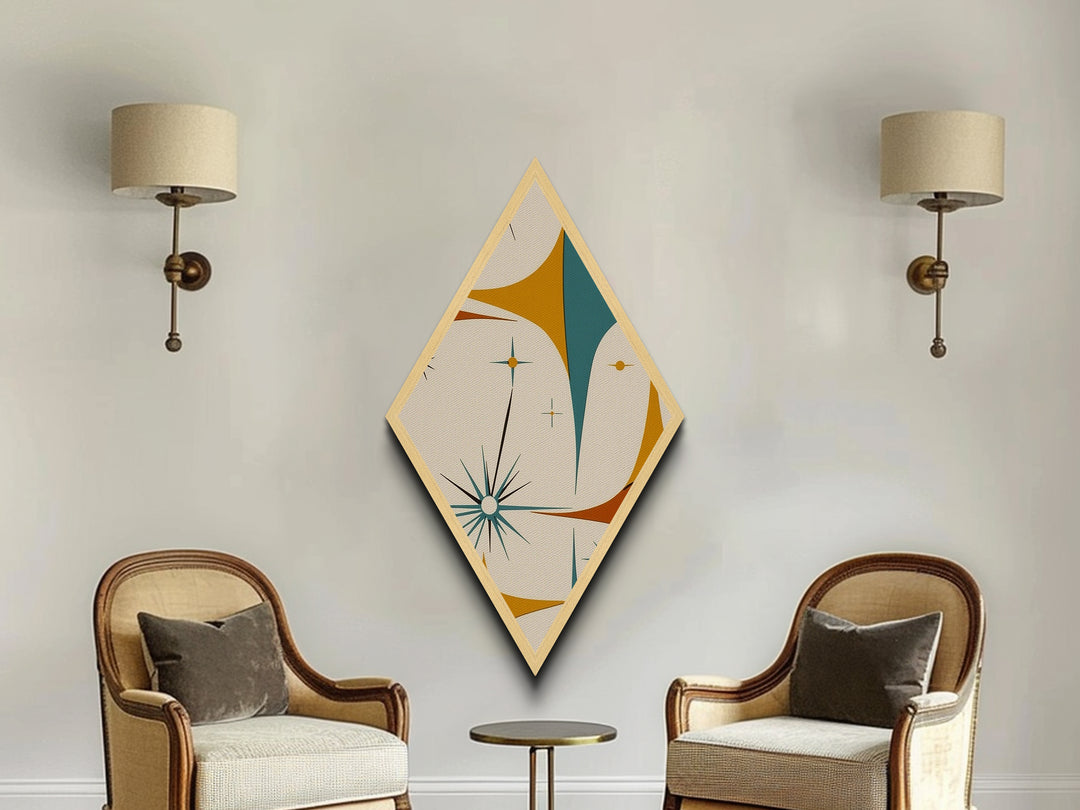 Mod Starflare Geometry – Diamond Shaped Canvas Art Print, retro atomic burst wall design, teal orange star pattern, midcentury home decor