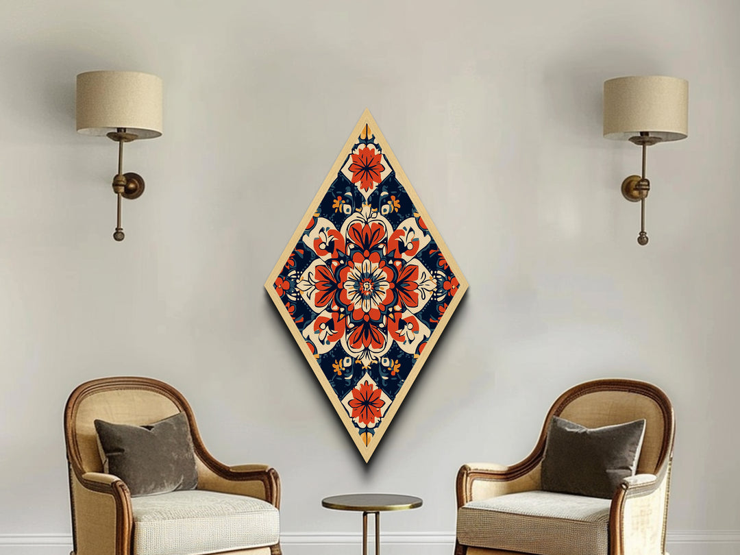 Floral Tile Harmony Diamond Shaped Canvas Art Print with bold folk pattern red navy decorative symmetry boho home accent Mediterranean decor