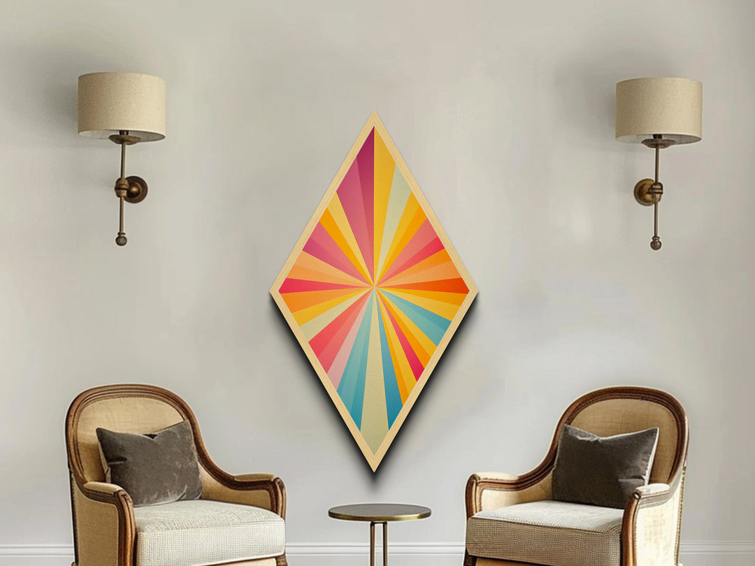 Radiant Retro Burst Diamond Shaped Canvas Art Print with sunshine ray design vivid rainbow starburst midcentury modern energy abstract wall decor