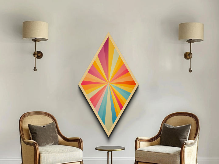 Radiant Retro Burst Diamond Shaped Canvas Art Print with sunshine ray design vivid rainbow starburst midcentury modern energy abstract wall decor