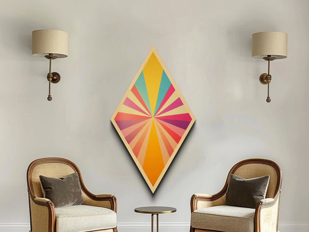 Sunshine Spectrum Pop Diamond Shaped Canvas Embossed Print with bold pastel starburst explosion midcentury vibes colorful retro geometric wall art