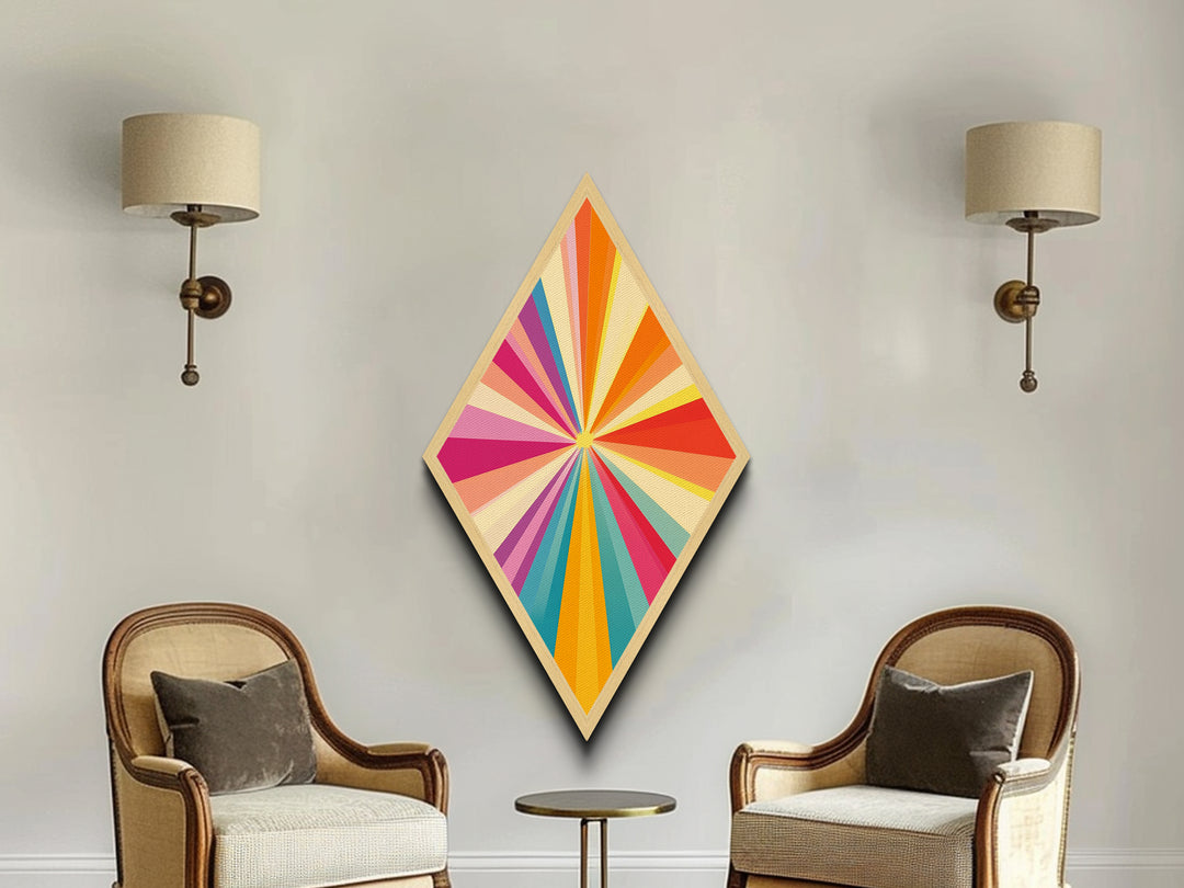 Sunshine Rays — Diamond Shaped Canvas Art Print modern sunbeam explosion piece ideal kids room decor vibrant wall accent rainbow palette
