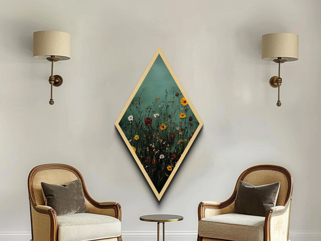 Wild Meadow — Diamond Shaped Canvas Textured Print adds rustic charm to bedroom or entryway with floral impasto nature wall art earthy tones