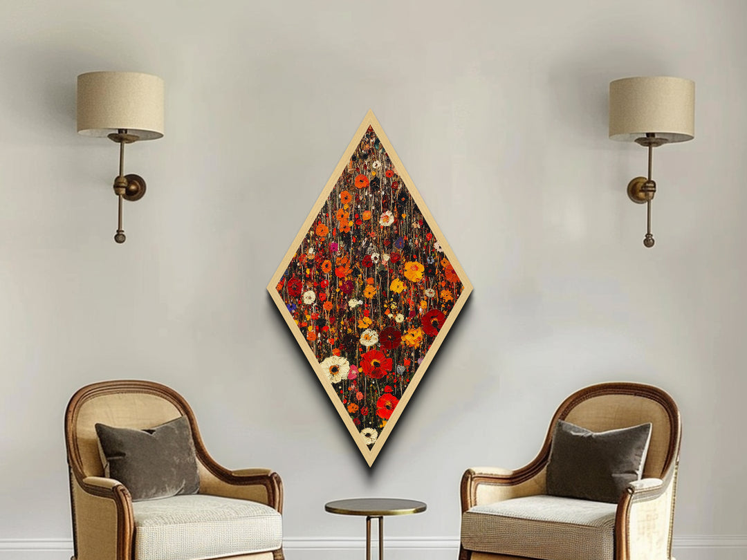 Autumn Garden — Diamond Shaped Canvas Textured Print adds farmhouse style to dining room or foyer featuring impasto wildflower bouquet hues