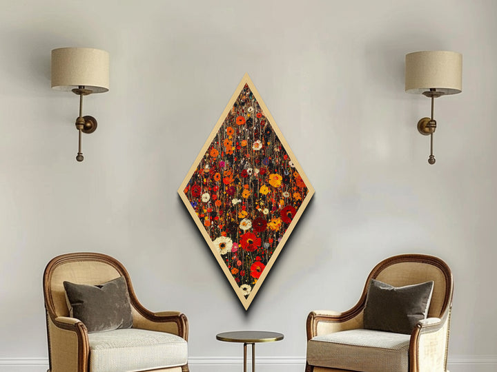 Autumn Garden — Diamond Shaped Canvas Textured Print adds farmhouse style to dining room or foyer featuring impasto wildflower bouquet hues