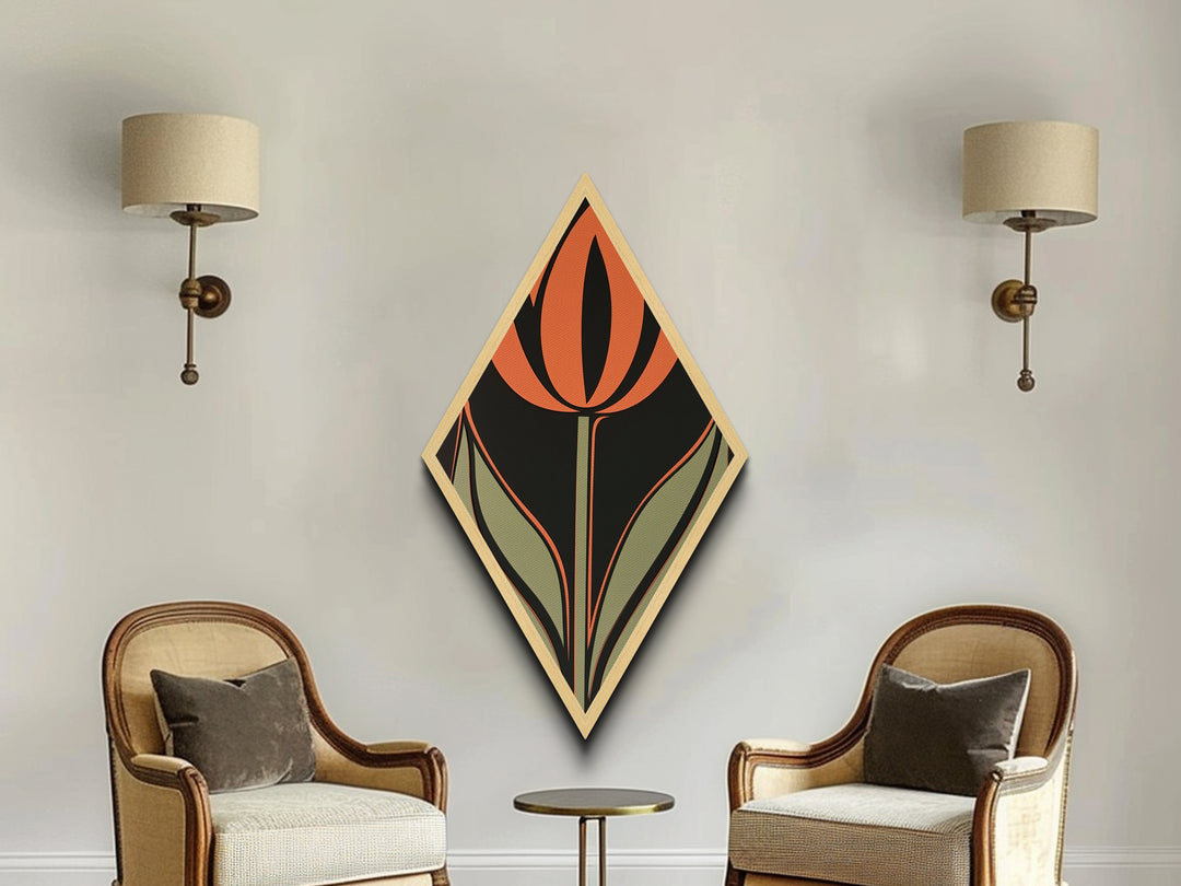 Atomic Tulip — Diamond Shaped Canvas Embossed Print perfect bedroom or gallery wall decor featuring retro tulip style orange green modern art