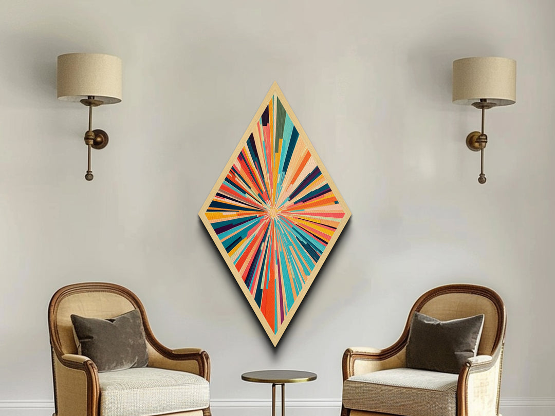 Radiant Spectrum Burst Diamond Shaped Canvas Textured Print, Mid-Century Modern Wall Decor, Abstract Geometric Art Explosion