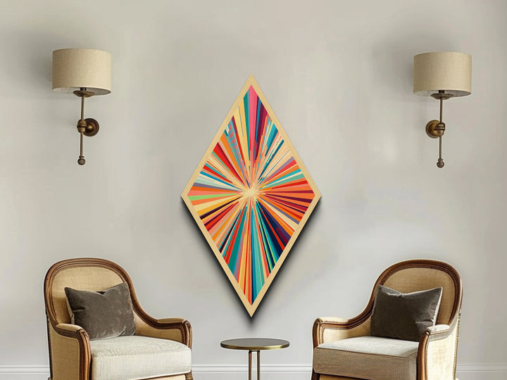 Vibrant Starburst Fusion Diamond Shaped Canvas Textured Print, Colorful Abstract Wall Art, Modern Energy Pop Home Accent