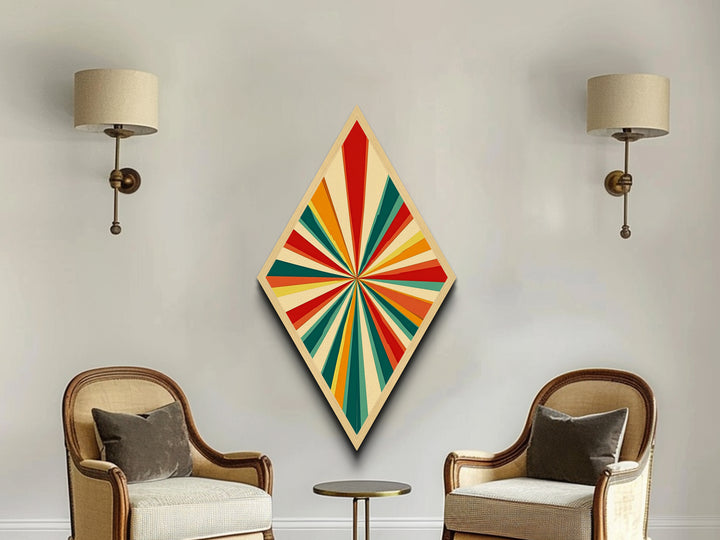Retro Sunbeam Pattern Diamond Shaped Canvas Art Print, Bold Mid-Century Modern Wall Decor, Minimalist Geometric Statement