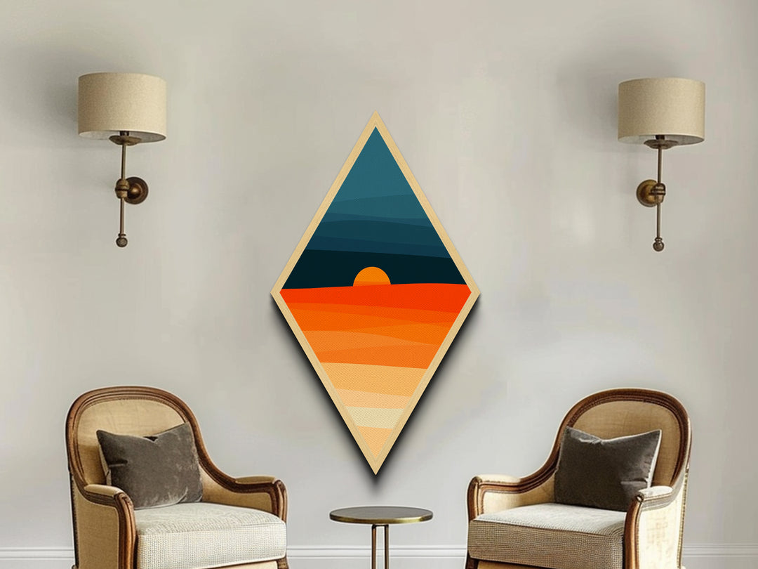 Desert Sunset Horizon Diamond Shaped Canvas Art Print, Minimalist Landscape Wall Decor, Warm Earth Tone Abstract Scene