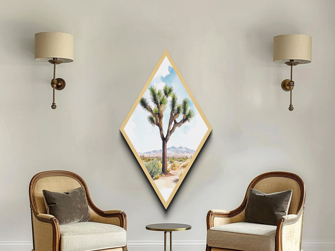 Joshua Tree Vista Diamond Shaped Canvas Textured Print, Desert Botanical Watercolor Art, Nature Landscape Wall Accent