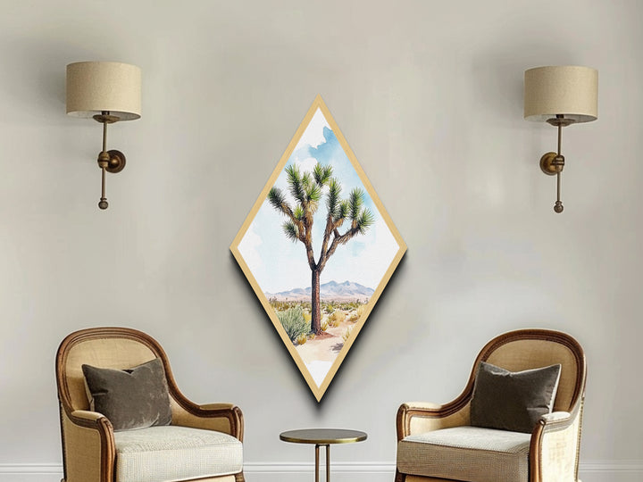 Joshua Tree Vista Diamond Shaped Canvas Textured Print, Desert Botanical Watercolor Art, Nature Landscape Wall Accent