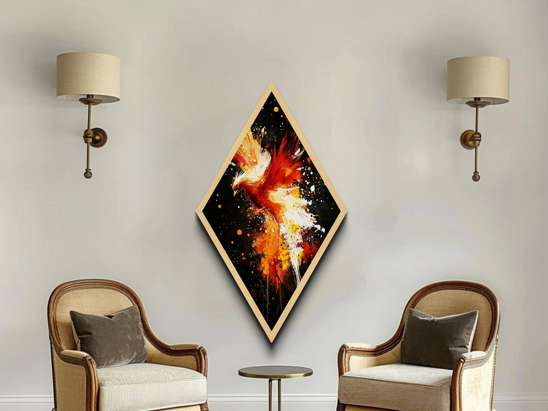 Inferno Flight Phoenix Diamond Shaped Canvas Textured Print, Red Fire Bird Wall Art, Bold Mythical Creature Modern Painting