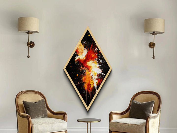Inferno Flight Phoenix Diamond Shaped Canvas Textured Print, Red Fire Bird Wall Art, Bold Mythical Creature Modern Painting