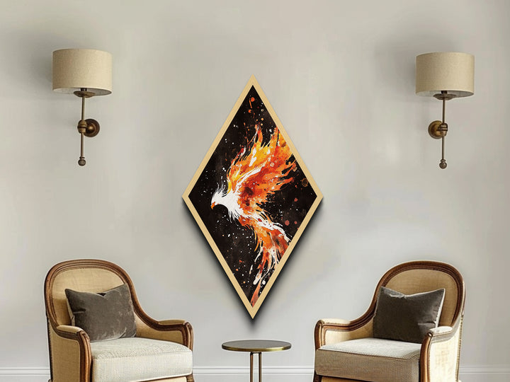Firebird Soaring Burst Diamond Shaped Canvas Art Print, Fiery Phoenix Painting, Mystical Wall Decor in Black and Orange