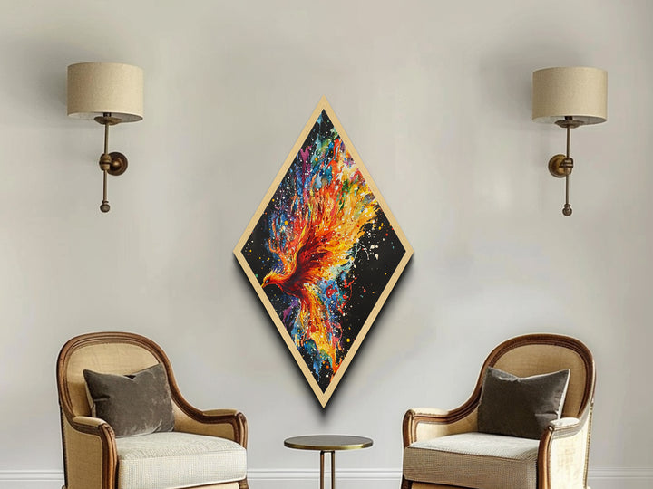 Cosmic Phoenix Bloom Diamond Shaped Canvas Embossed Print, Vibrant Color Splash Wall Art, Celestial Bird Fantasy Artwork