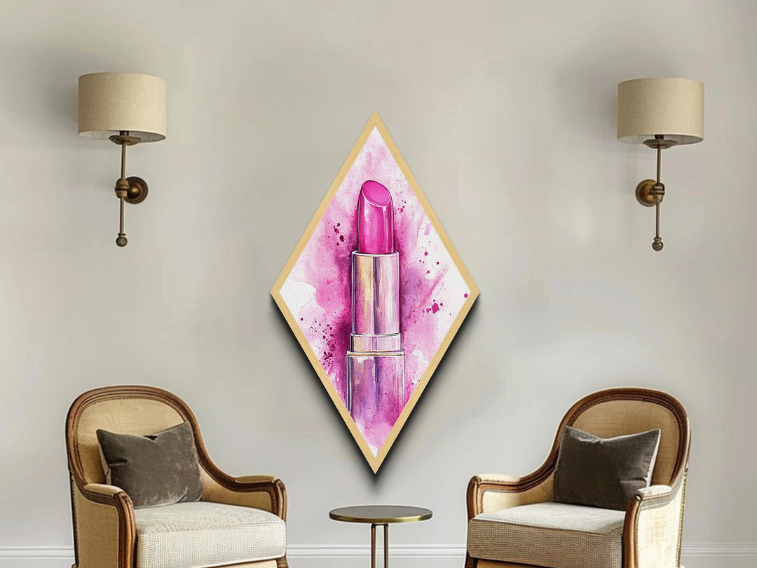 Pink Lipstick Glam Diamond Shaped Canvas Embossed Print, Watercolor Makeup Wall Art, Feminine Beauty Fashion Illustration