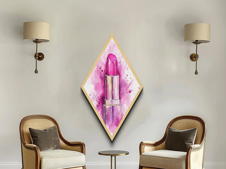 Pink Lipstick Glam Diamond Shaped Canvas Embossed Print, Watercolor Makeup Wall Art, Feminine Beauty Fashion Illustration