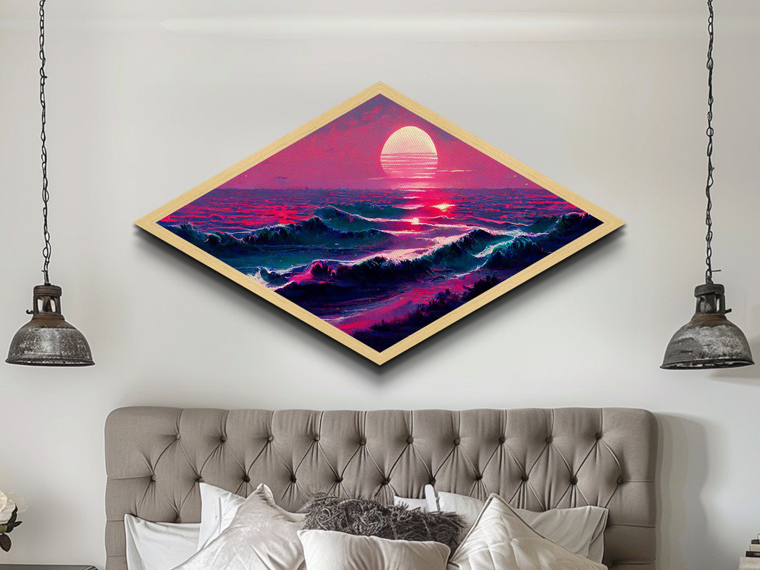 Crimson Horizon Sunset Diamond Shaped Ocean Landscape Canvas Embossed Print Coastal Red Waves Modern Nautical Wall Art Home Decor