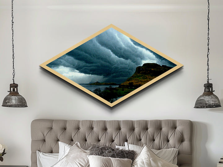 Rolling Storm Clouds Diamond Shaped Castle View Canvas Textured Print Turbulent Sky Landscape Dramatic Weather Gothic Wall Decor