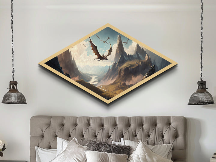 Firewing Highlands – Diamond Shaped Fantasy Dragon Landscape Canvas Art Print with epic flying creatures, medieval scenery, and vivid detail