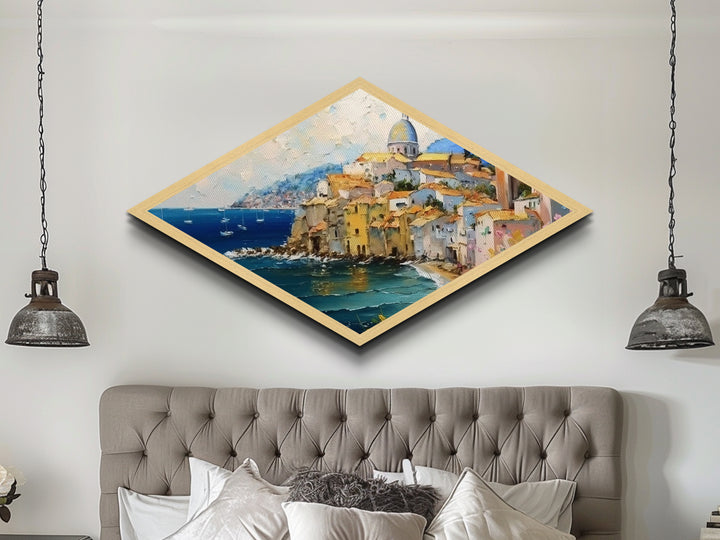Amalfi Shoreline – Diamond Shaped Mediterranean Village Seascape Canvas Textured Print with coastal architecture, oil painting texture