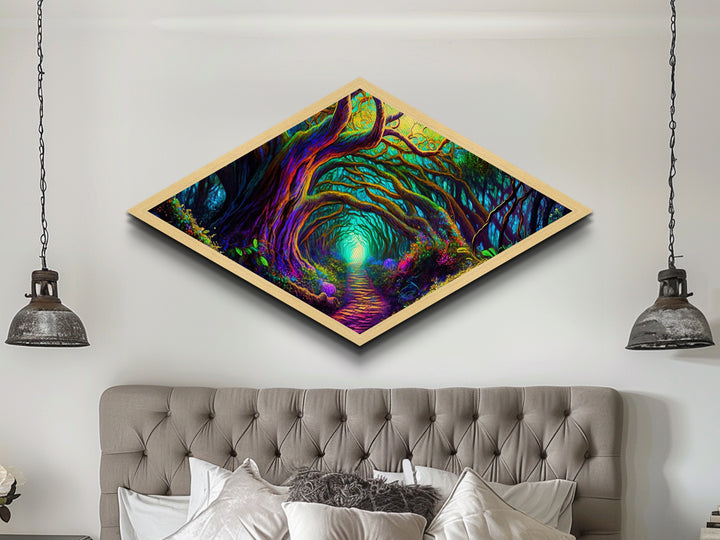 Enchanted Rootway – Diamond Shaped Mystical Forest Tunnel Canvas Embossed Print with neon glow trees, fantasy flora, and glowing path