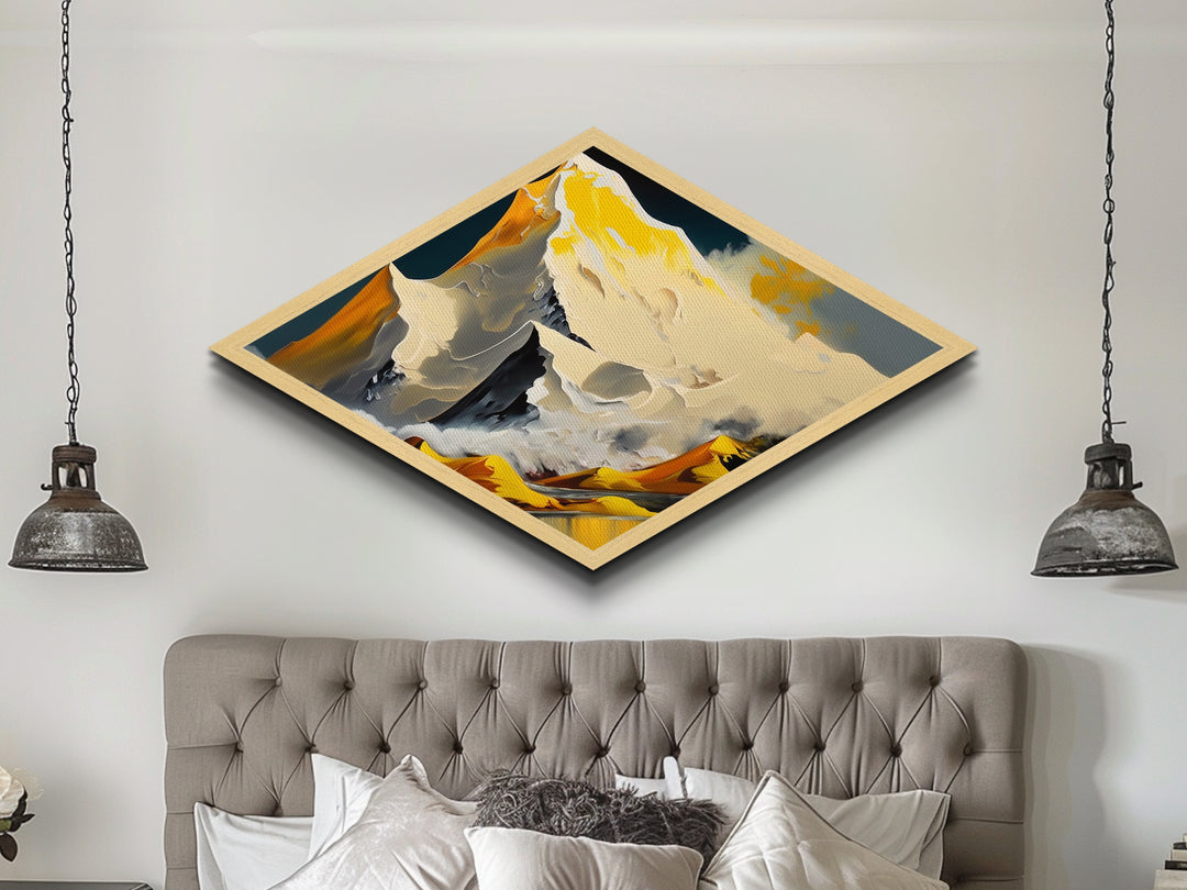 Gilded Summit – Diamond Shaped Golden Mountain Landscape Canvas Embossed Print with snow peaks, yellow ridge lines, and stylized range