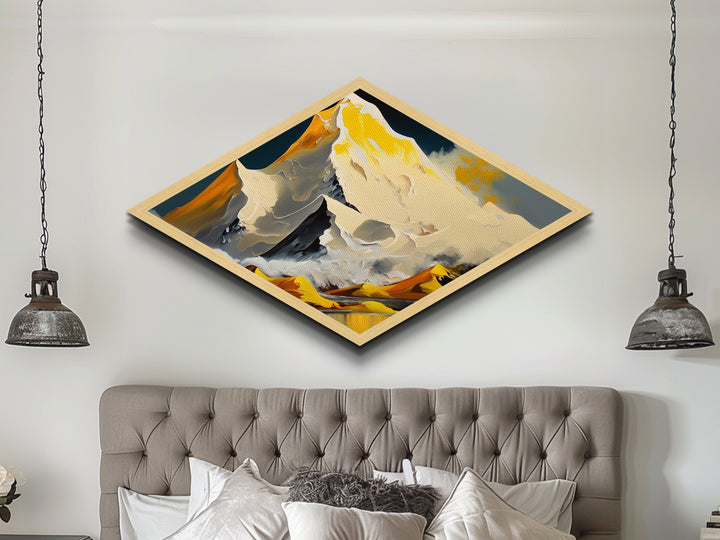 Gilded Summit – Diamond Shaped Golden Mountain Landscape Canvas Embossed Print with snow peaks, yellow ridge lines, and stylized range