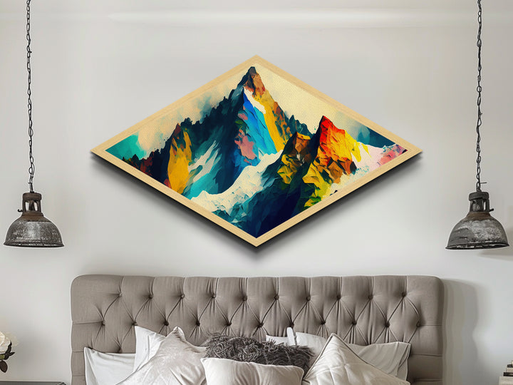 Crystalline Alps – Diamond Shaped Abstract Rainbow Peaks Canvas Textured Print with polygonal mountain terrain, bold geometric strokes