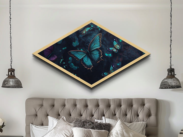 Nocturne Butterflies – Diamond Shaped Midnight Forest Insects Canvas Embossed Print with glowing wings, bioluminescent ambiance, deep tones