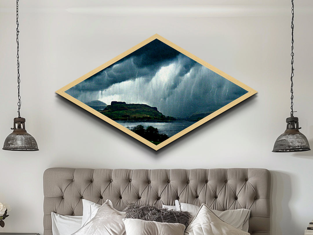 Stormy Highlands Skies Diamond Shaped Canvas Textured Print, dramatic clouds over mountains wall decor, moody nature landscape art