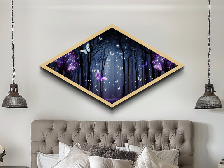 Enchanted Forest Glow – Diamond Shaped Canvas Art Print with glowing butterflies, dreamy purple woodland, fantasy wall decor, nightscape art