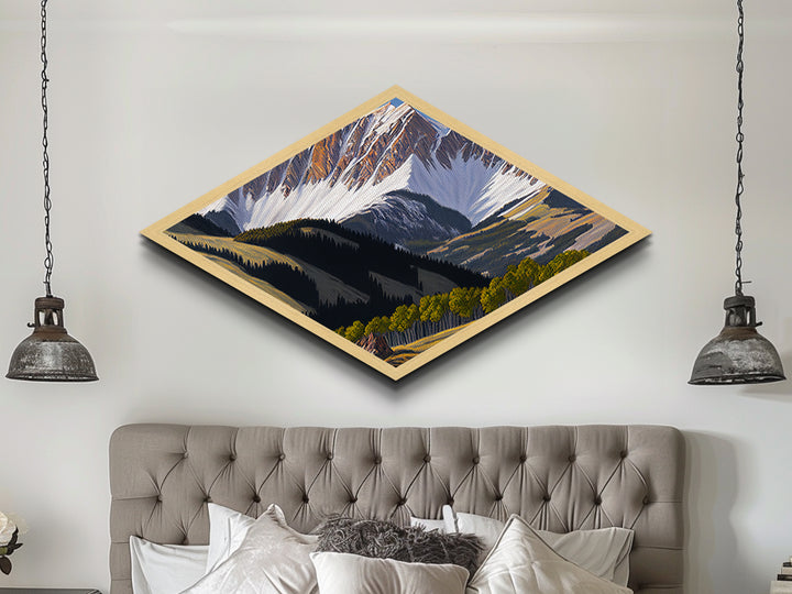 Snowcap Forest Light – Diamond Shaped Canvas Textured Print with alpine mountain landscape, fall forest shadow play, nature inspired home art