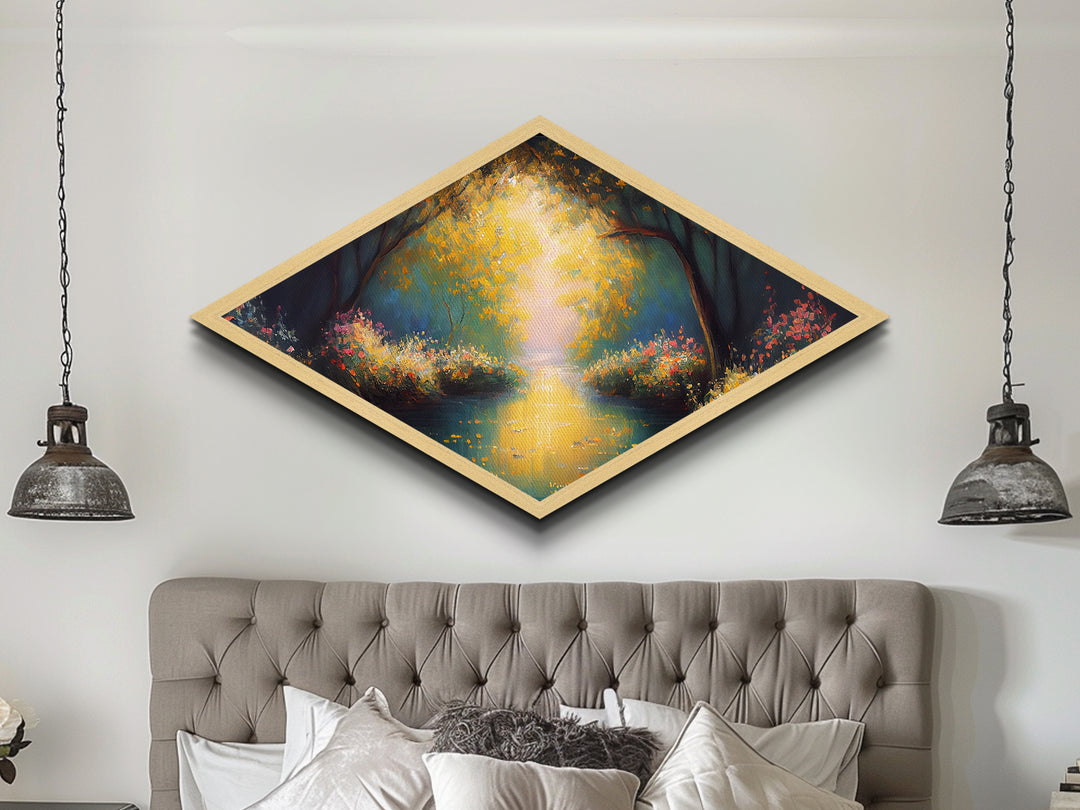 Golden Forest Path – Diamond Shaped Canvas Embossed Print with radiant trees, glowing sunset river, impressionist woodland nature painting