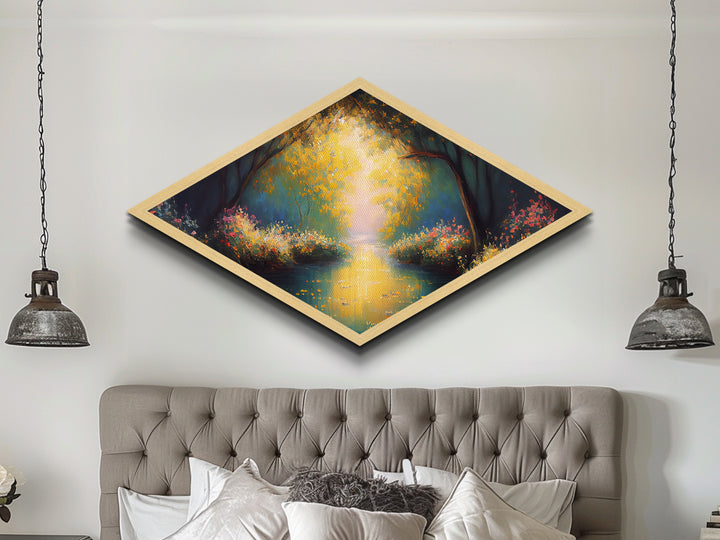 Golden Forest Path – Diamond Shaped Canvas Embossed Print with radiant trees, glowing sunset river, impressionist woodland nature painting