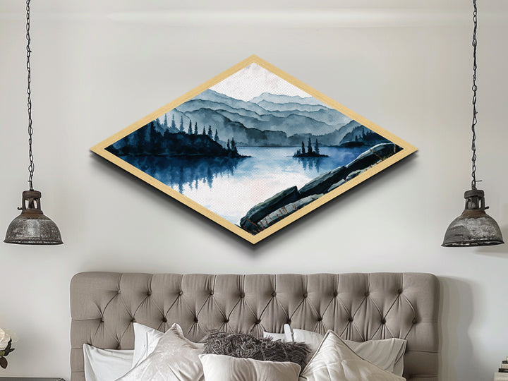 Tranquil Mountain View Diamond Shaped Canvas Textured Print with peaceful lake scene, forest landscape painting, rustic wall decor