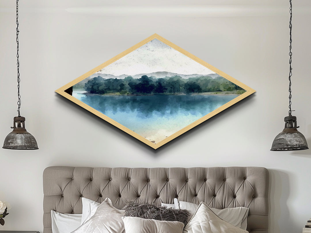 Quiet Riverbank Scene Diamond Shaped Canvas Art Print with woodland nature, blue green forest reflection painting, lakeview serenity