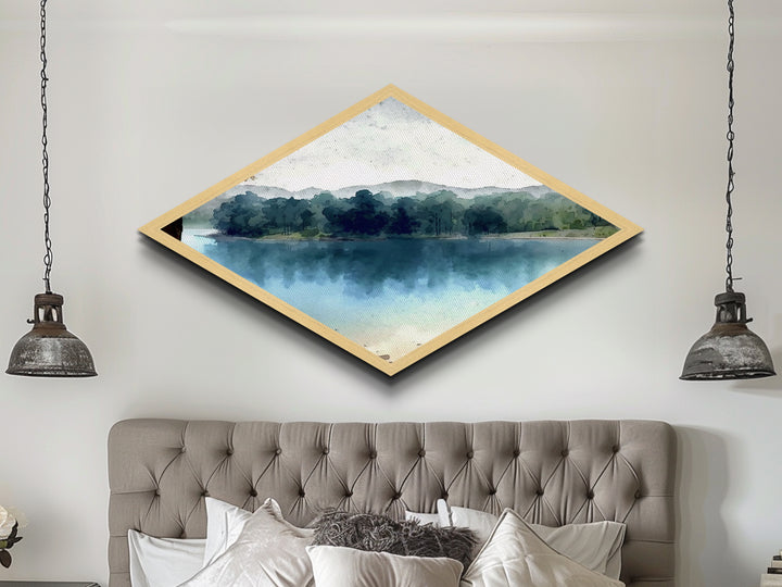 Quiet Riverbank Scene Diamond Shaped Canvas Art Print with woodland nature, blue green forest reflection painting, lakeview serenity