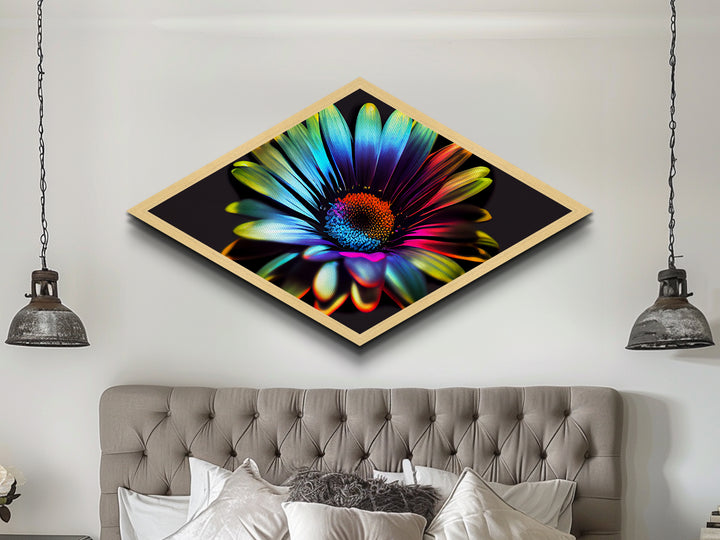 Neon Petal Burst Diamond Shaped Canvas Art Print with vibrant rainbow daisy, dark background floral decor, modern flower wall piece