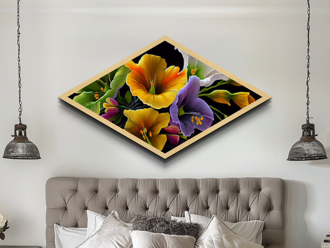 Midnight Bloom Glow Diamond Shaped Canvas Embossed Print with bold floral close-up, colorful petals on black, dramatic flower wall art