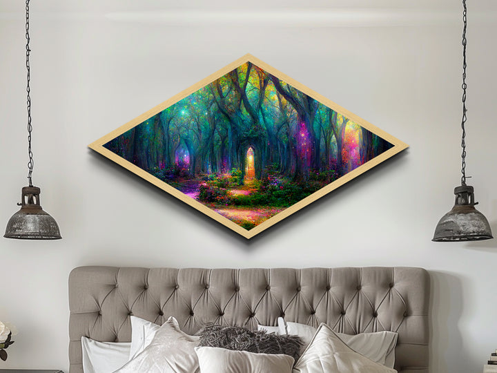Firefly Glow Forest Diamond Shaped Canvas Art Print, whimsical fairy lights in woods, enchanted mystical woodland fantasy decor
