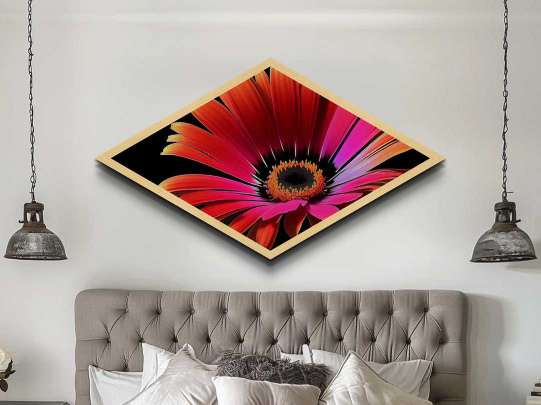 Vibrant Sunset Petals Diamond Shaped Canvas Textured Print, Red Orange Flower Wall Art, Modern Botanical Gift, Floral Bedroom Decor