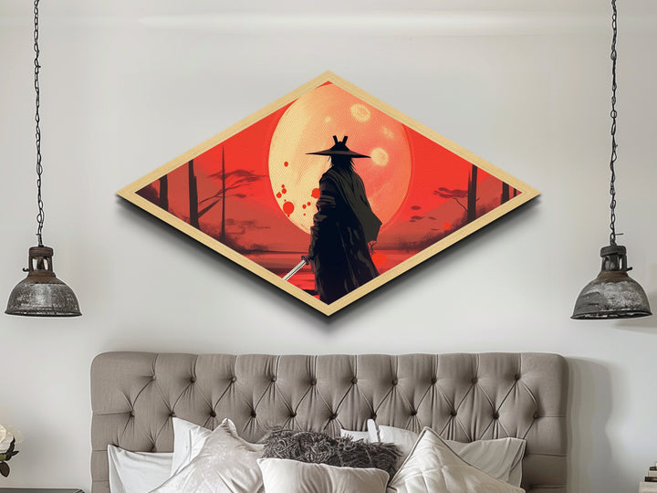 Lone Ronin Eclipse Diamond Shaped Canvas Textured Print, Samurai Sunset Wall Art, Anime Warrior Decor, Japanese Aesthetic Gift